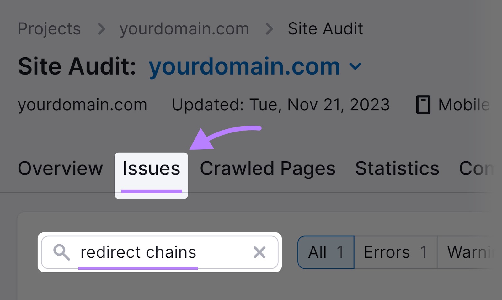 “redirect chains” entered in the search bar under "Issues" tab