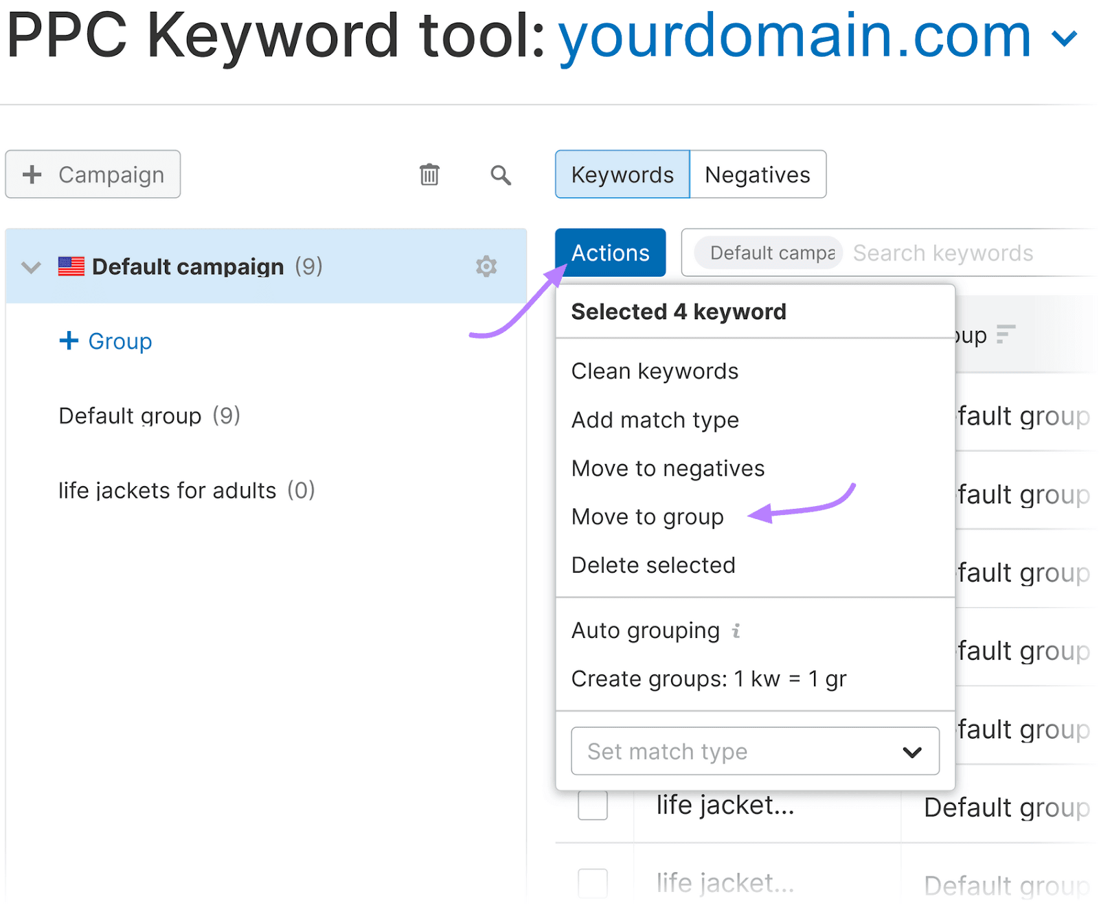 PPC Keyword Tool showing an "Actions" submenu, with a absorption   connected  the "Move the group" option.