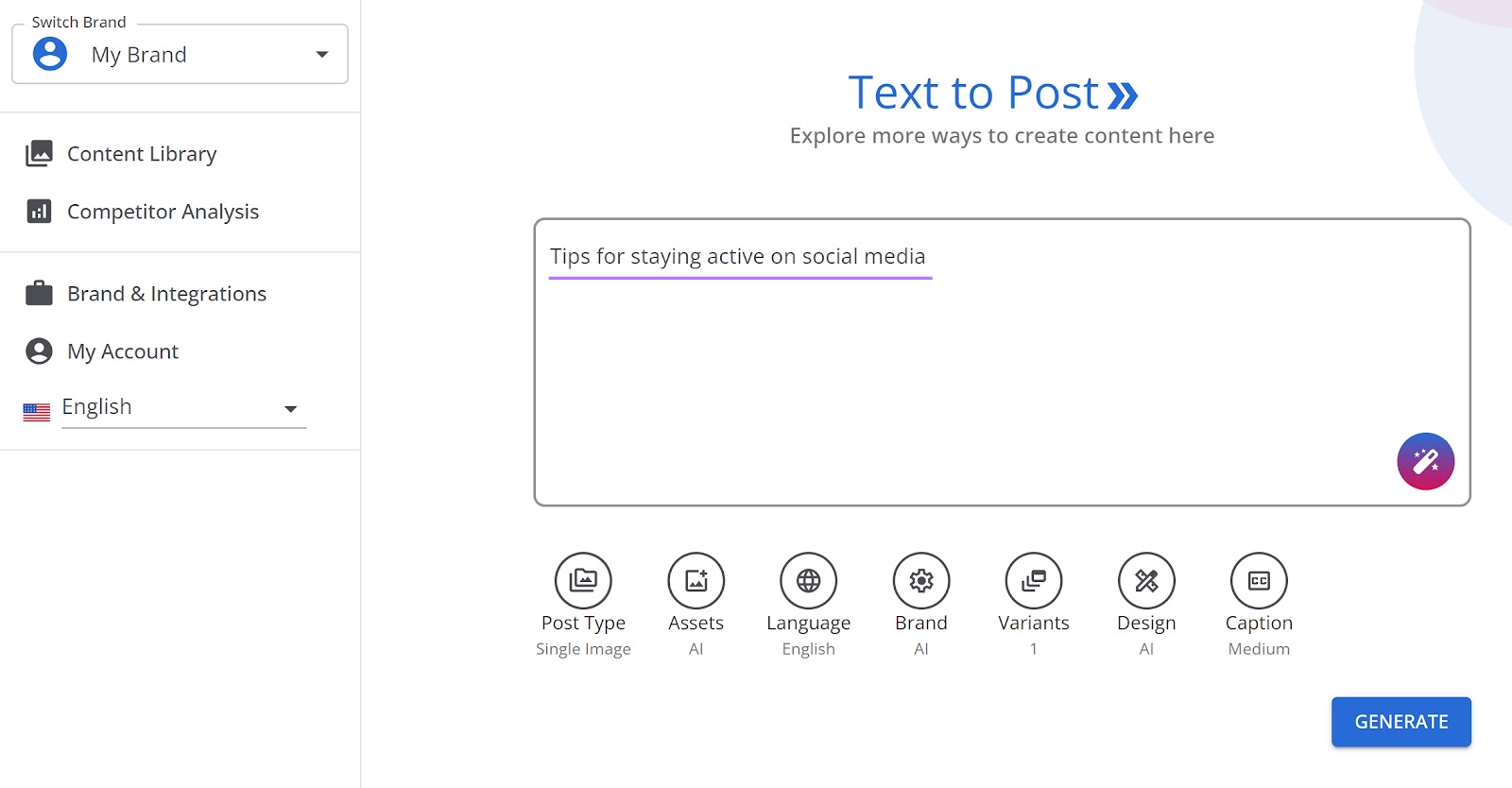 AI Social Content Generator "Text to post" section with "Tips for staying active on social media" in the text field.