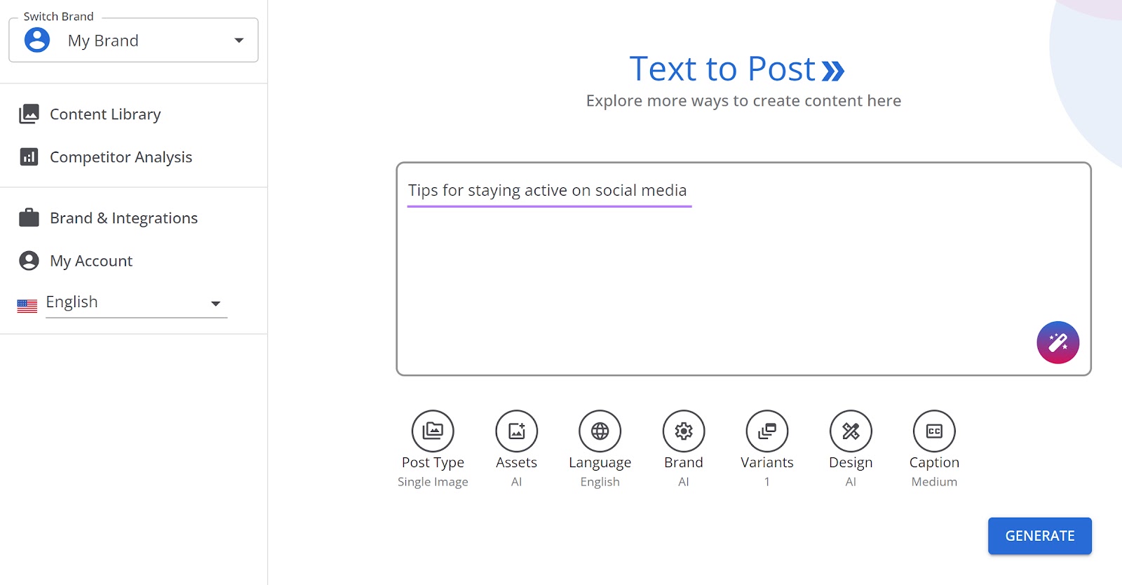 AI Social Content Generator "Text to post" conception  with "Tips for staying progressive  connected  societal  media" successful  the substance   field.