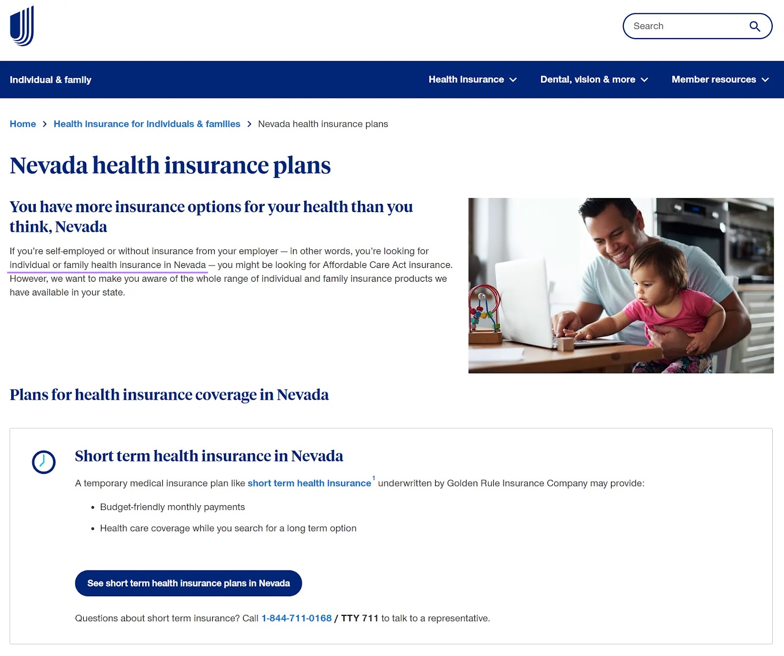 "Nevada health insurance plans" webpage of the United Healthcare website