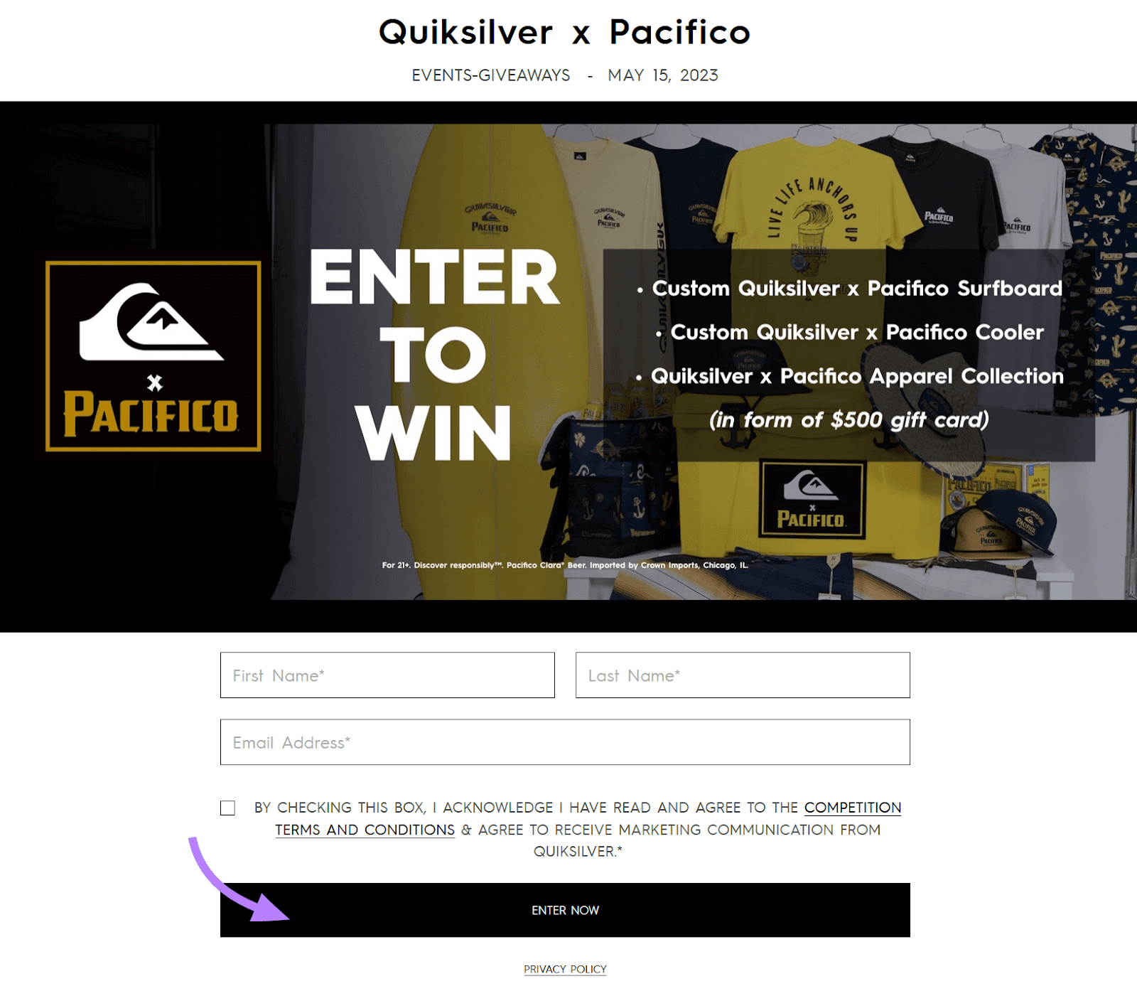 example of contest on Quiksilver page