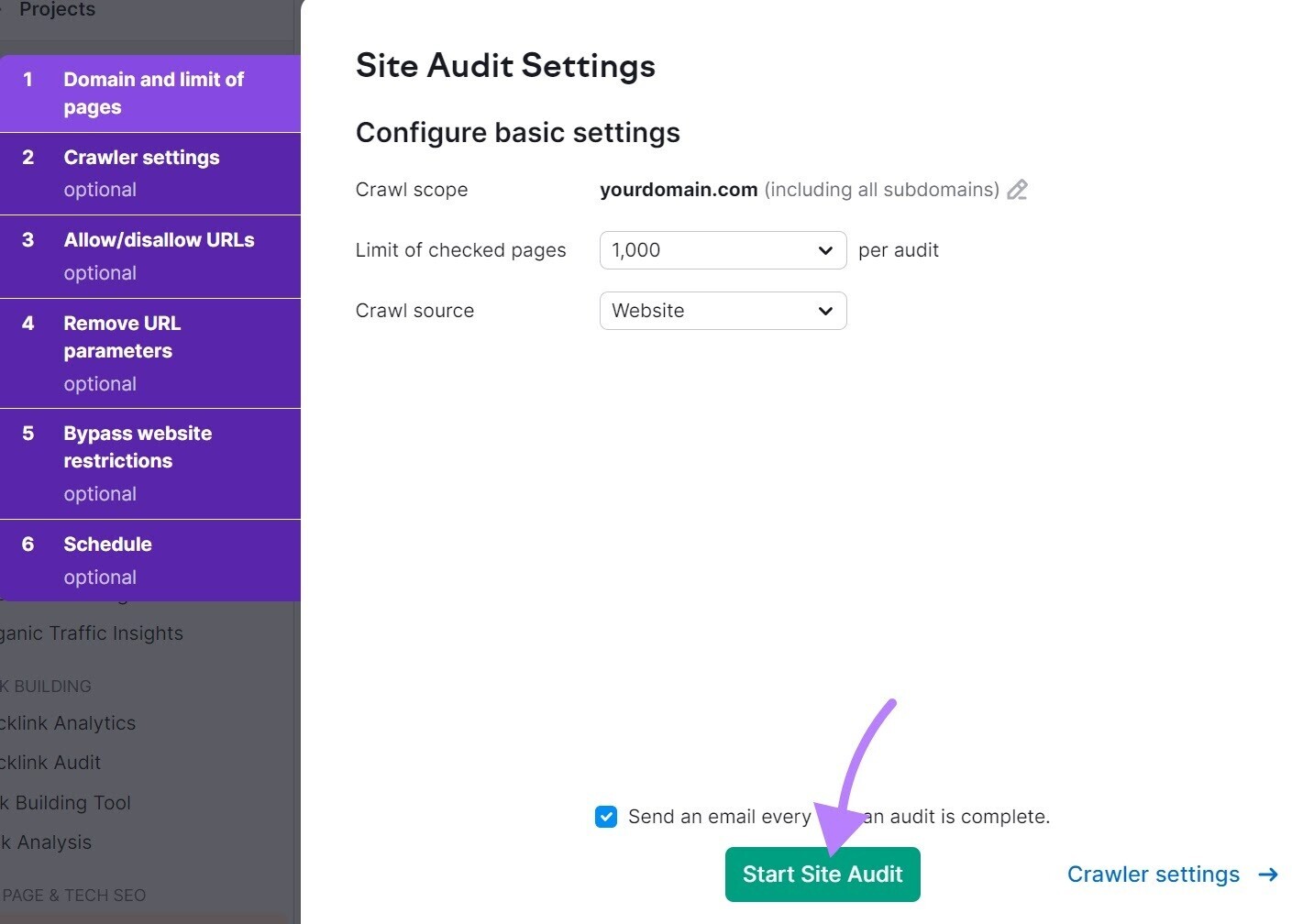 Site Audit Settings page