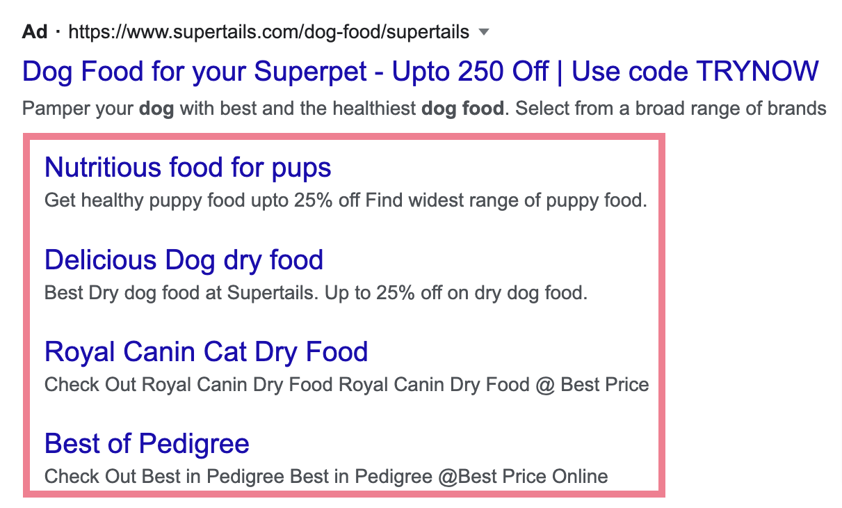 Google search ad for dog food supplier "supertails.com" showing sitelink ad extensions.