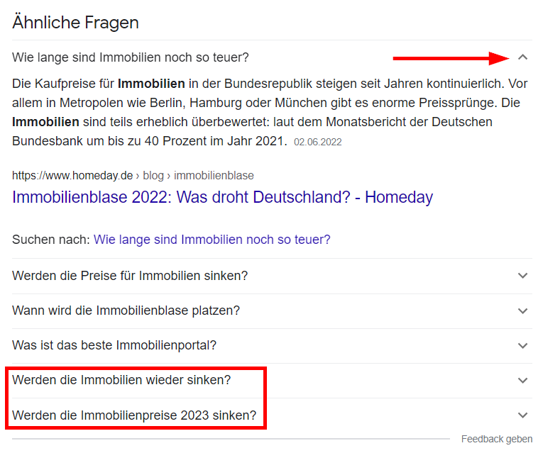 Screenshot: Erweiterter Abschnitt 'Ähnliche Fragen'