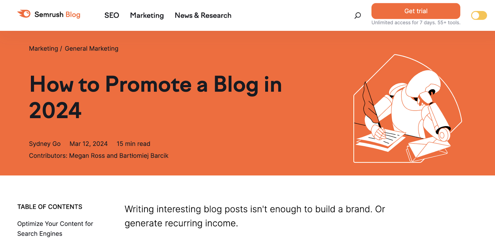 Semrush's blog title "How to Promote a Blog in 2024"