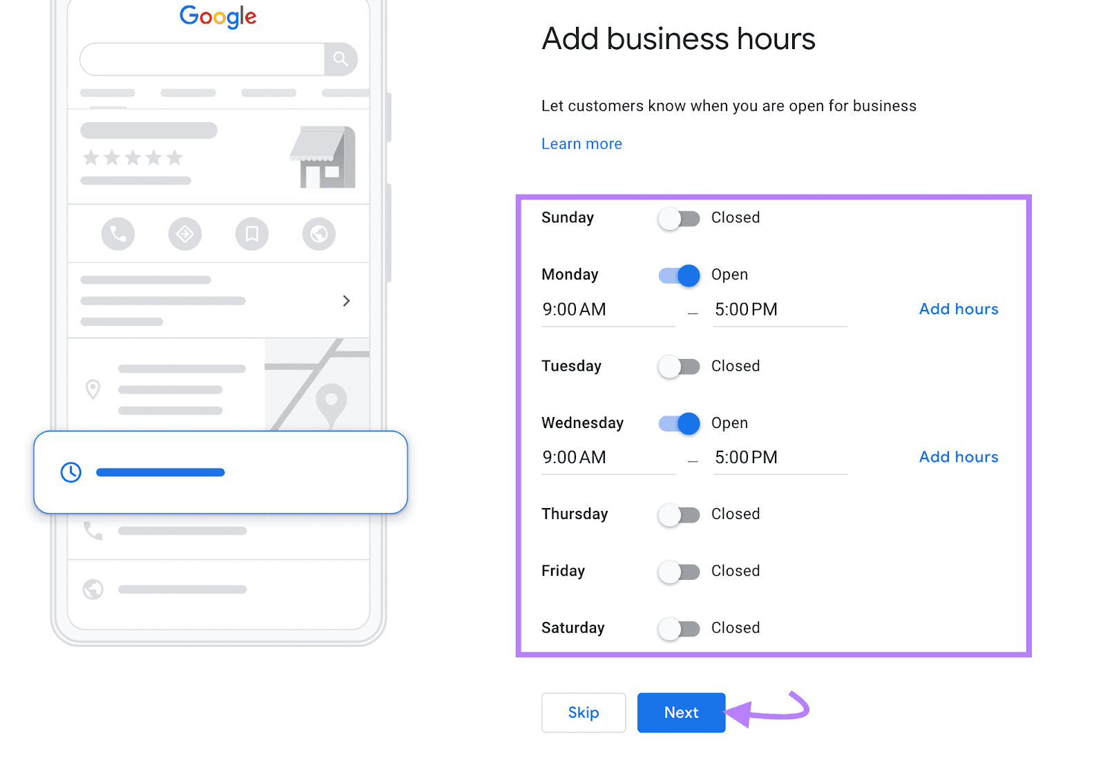 "Add business hours" window in Google Business Profile settings