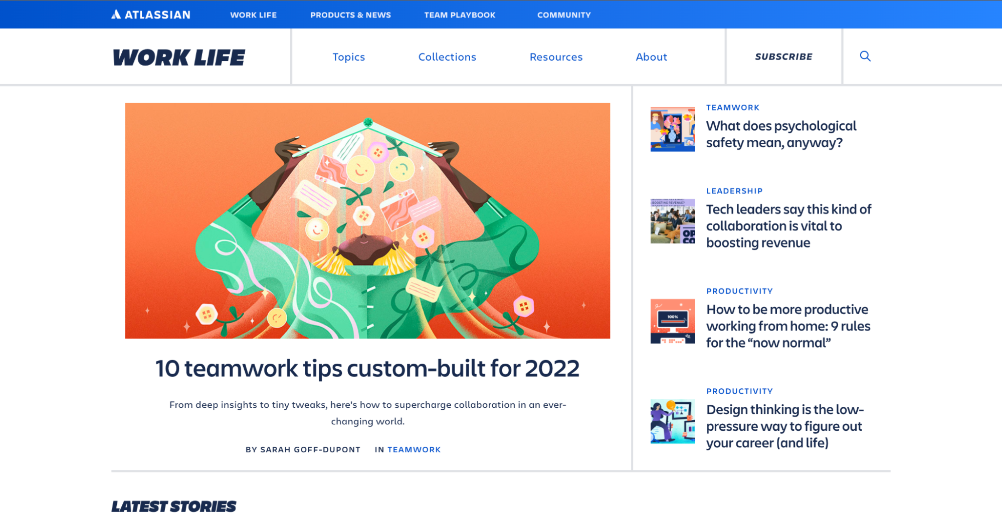 Atlassian’s Work Life blog depicts a cartoon header of someone opening their laptop above their head. Various happy graphics of flowers, smiley faces, and keyboards rain down on them in a shower of light and color. The title of the highlighted blog reads, “10 teamwork tips custom-built for 2022.” To the right, there are other blogs listed in an index. 