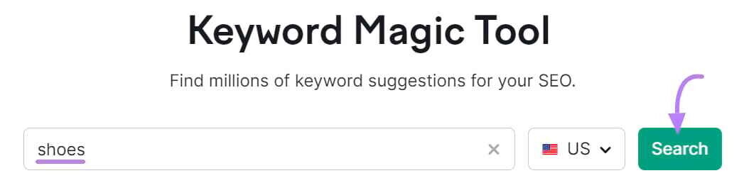 seed keyword "shoes" entered in Keyword Magic tool search bar
