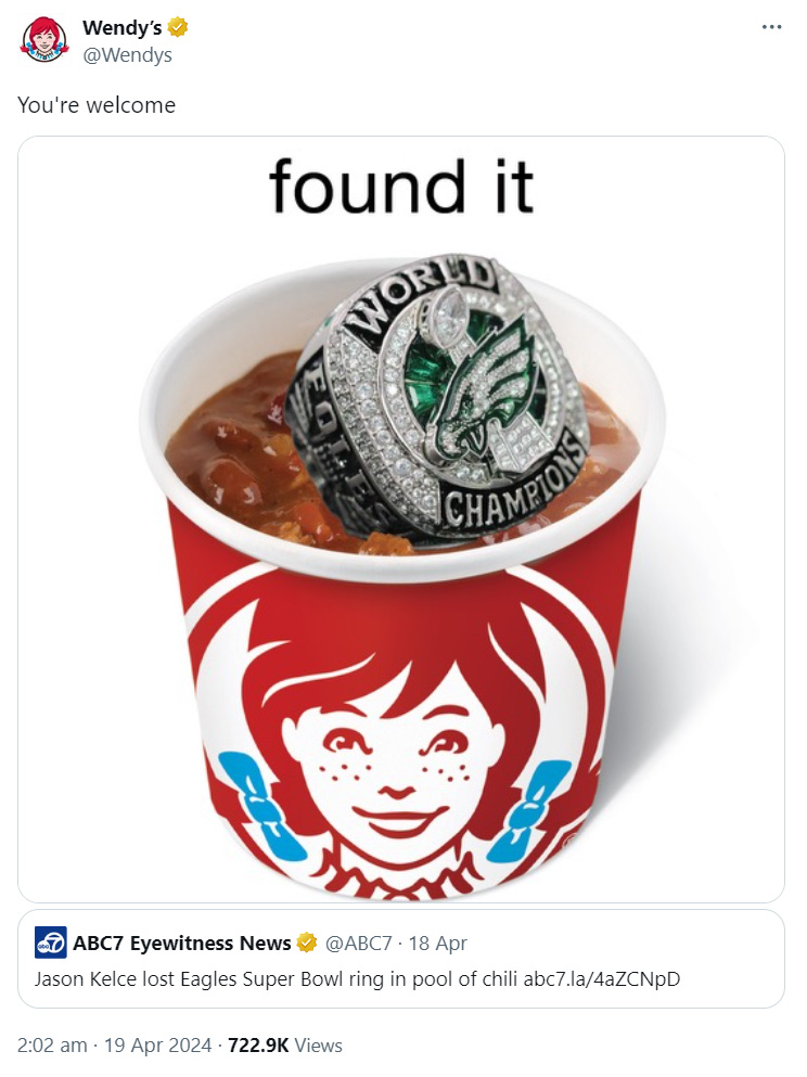 Funny Wendy's tweet about Jason Kelce's lost super bowl ring.
