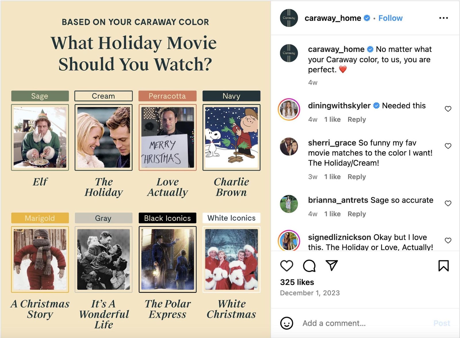 Caraway Home's Instagram post with a list of holiday movies to watch