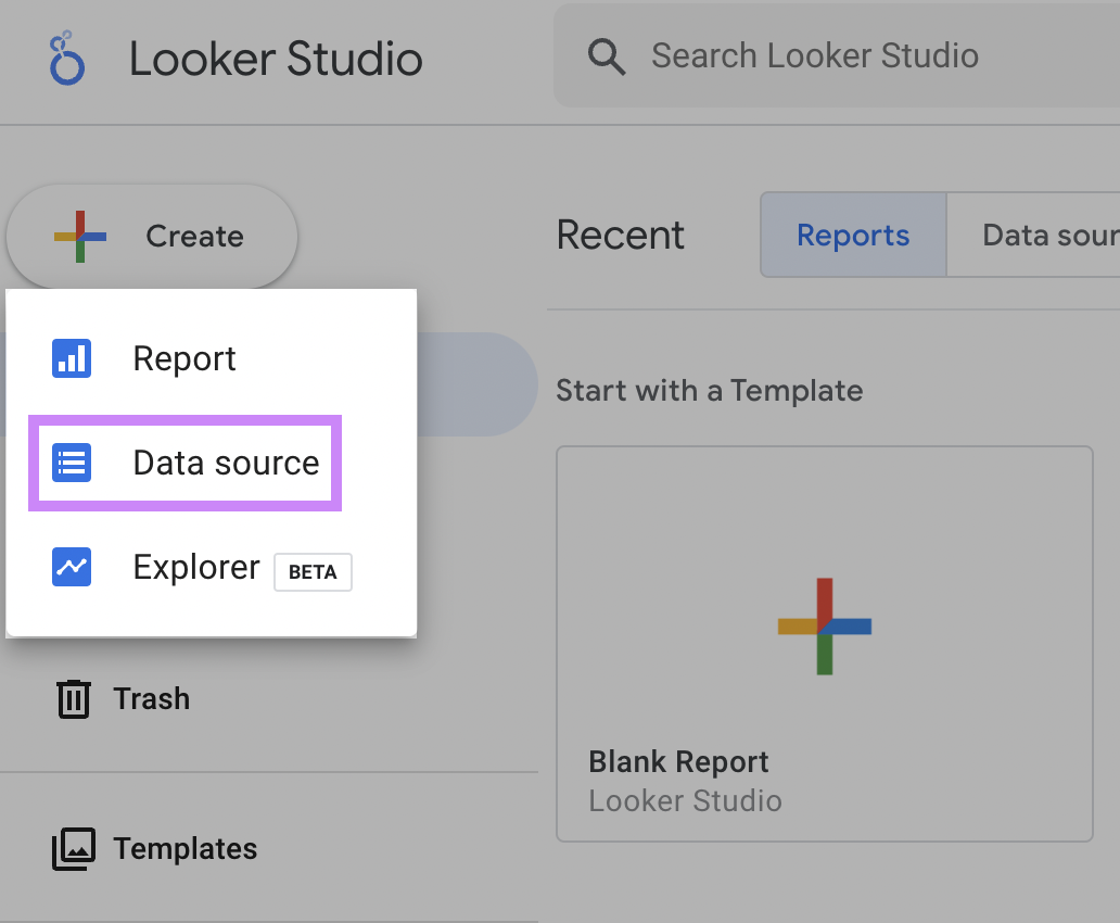 Create "data" source from Looker Studio homepage