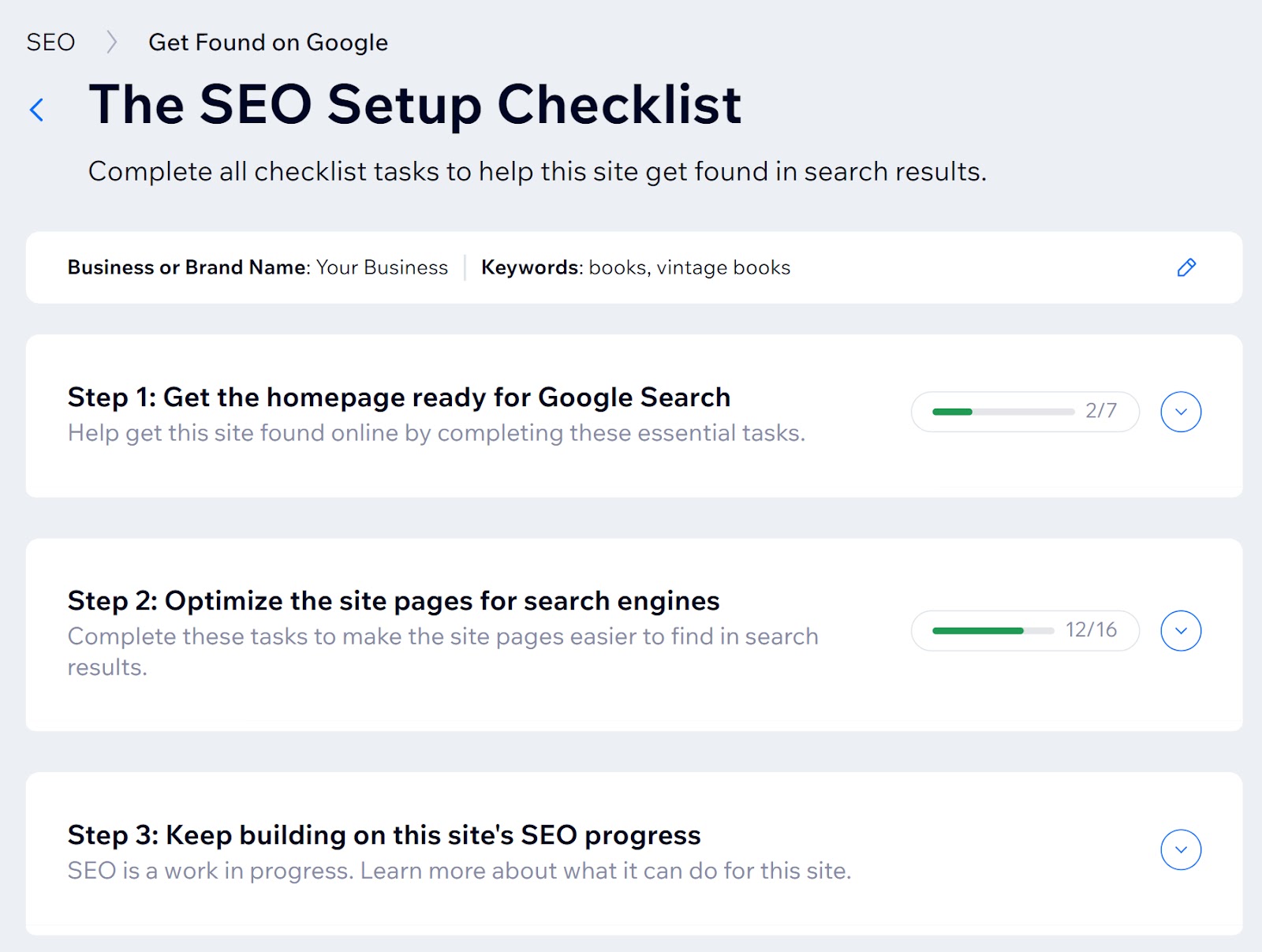 "The SEO Setup Checklist" section in Wix