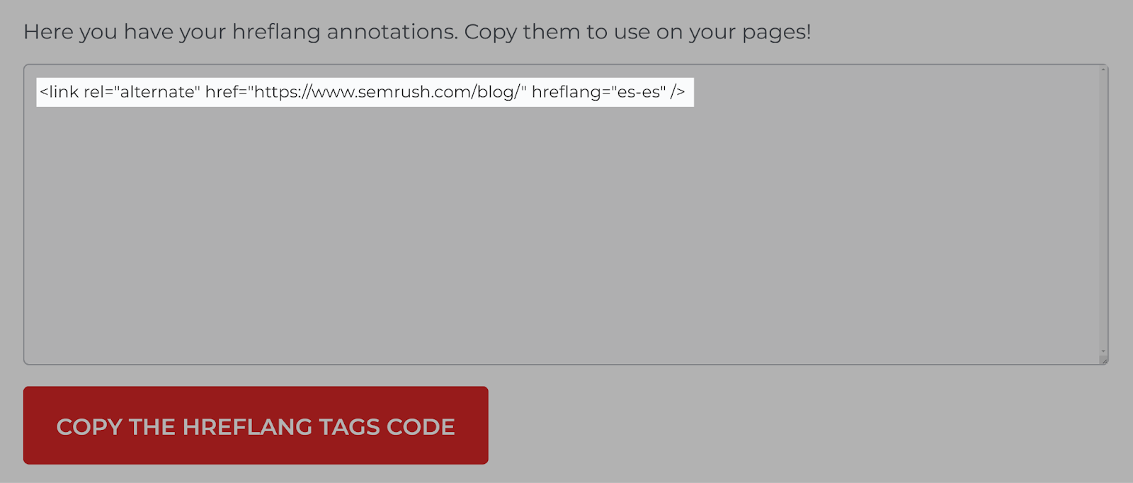 Generated HTML hreflang tag code highlighted.