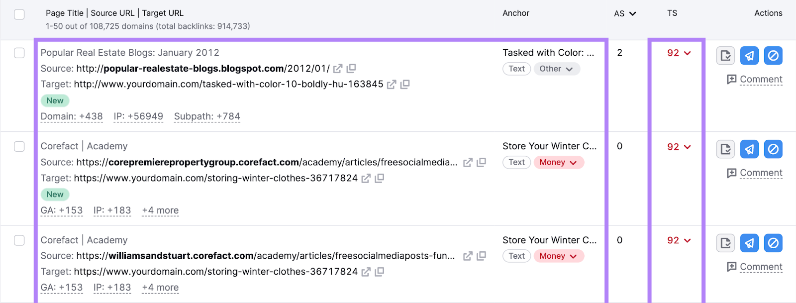 columns highlighted successful  the backlink audit report