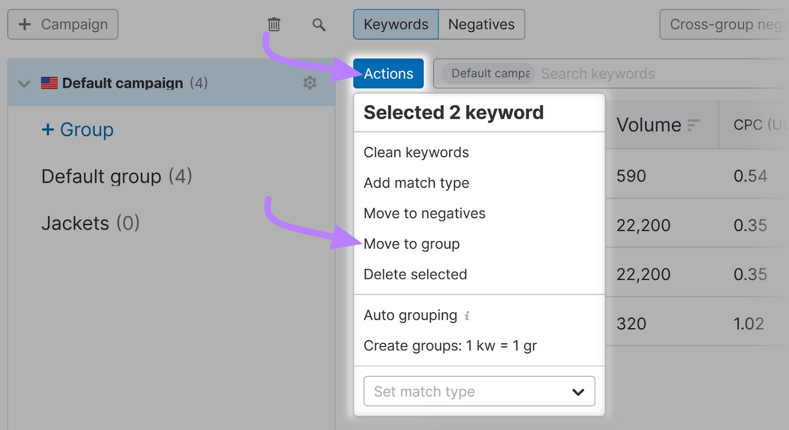 'Actions' drop-down menu with 'Move to group' selected in Semrush PPC Keyword Tool