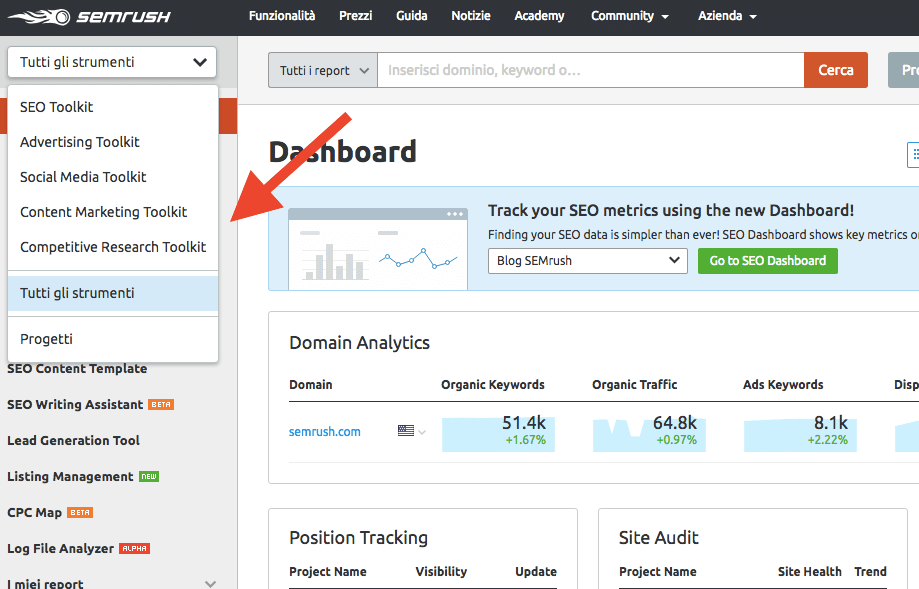 Come usare SEMrush: personalizza i menu degli strumenti