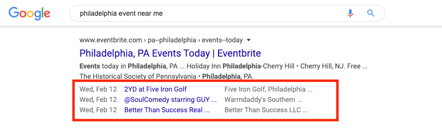 Example of structured data for events in the SERPs