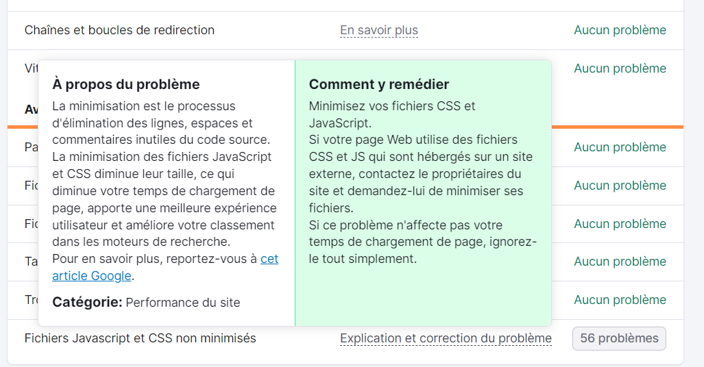 Explication et correction du problème dans Audit de site