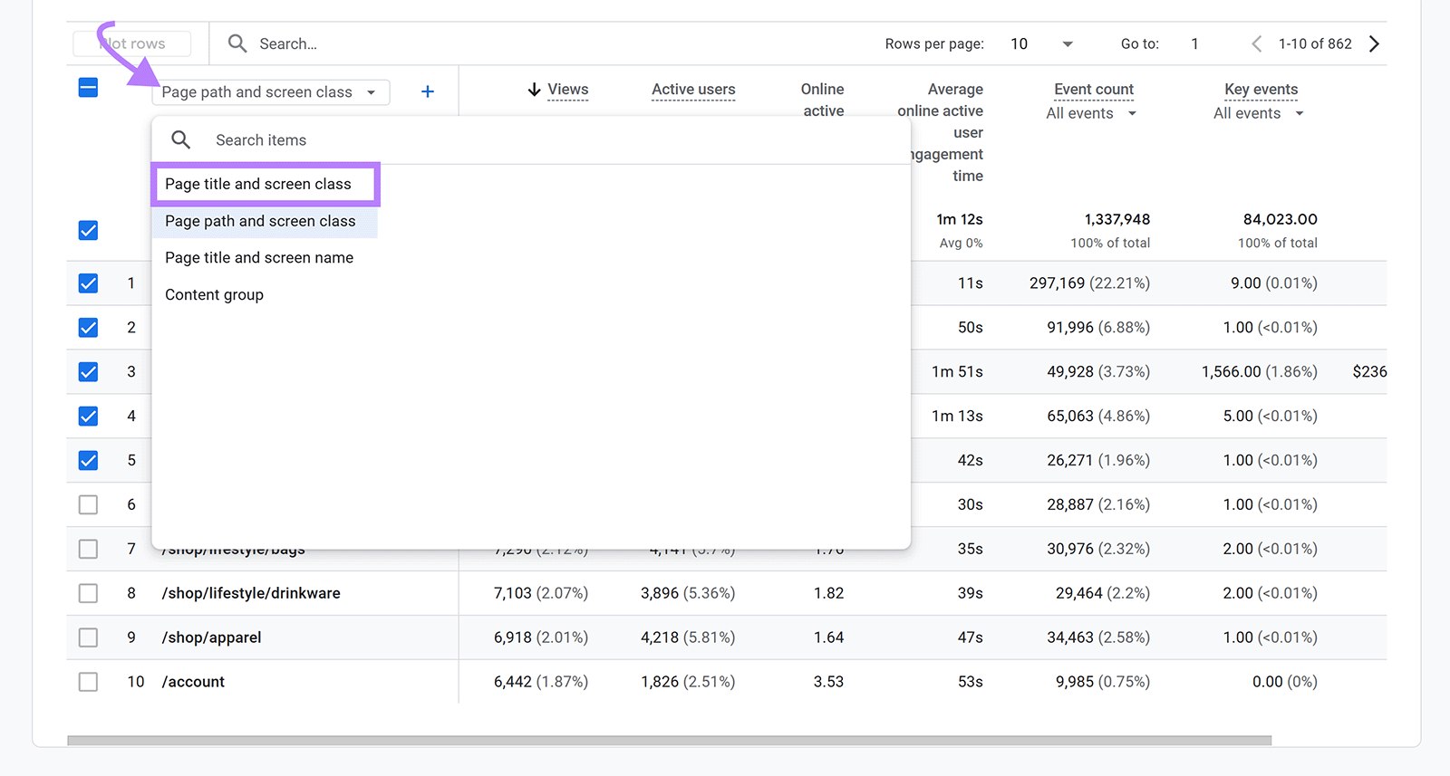 Dropdown showing Page title and screen class highlighted as primary dimension