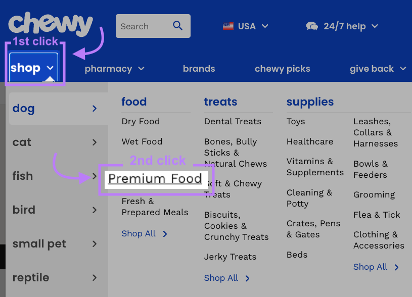 "Premium Food" selected under Chewy's "shop" menu