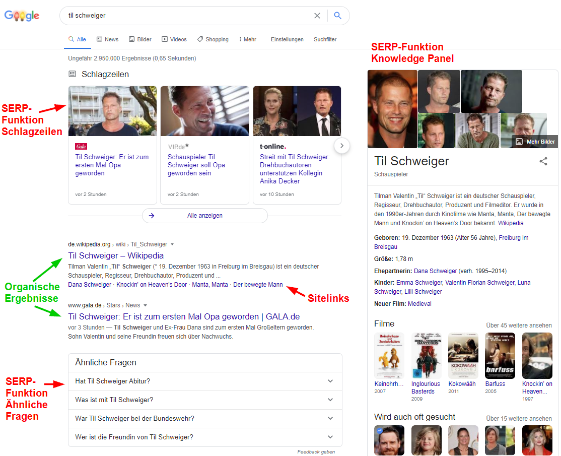 Organische und Rich-Suchergebnisse auf Google-SERP