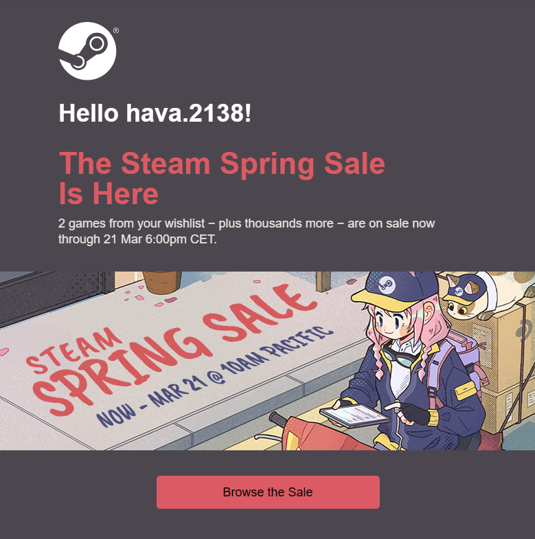 Steam's sale email includes an illustration