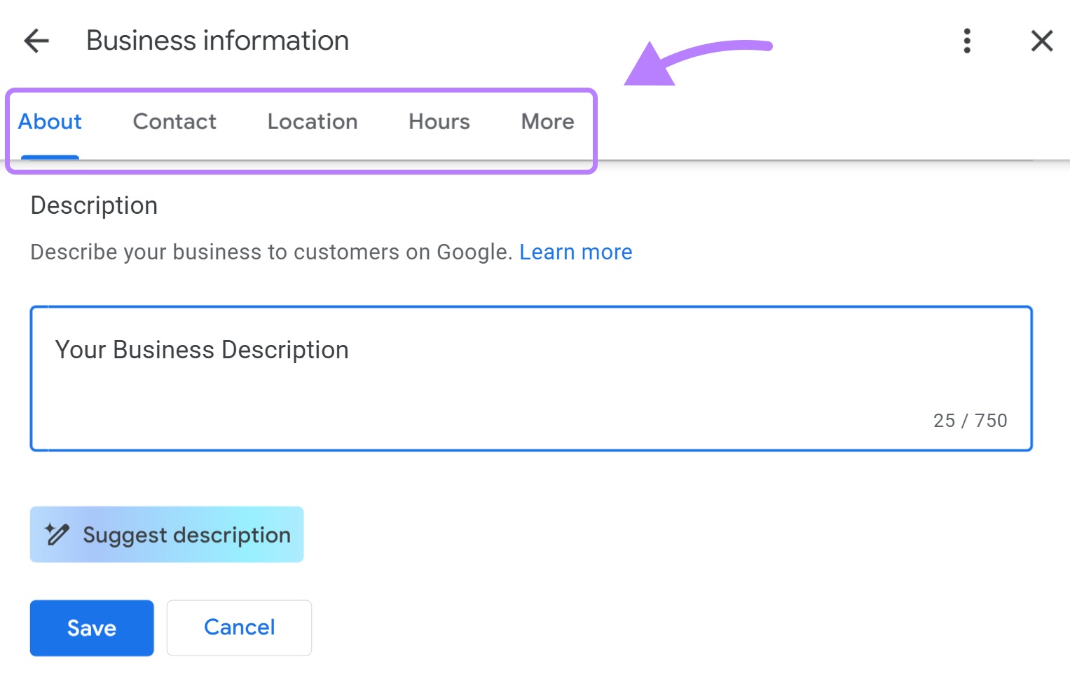 Business information sections in GBP