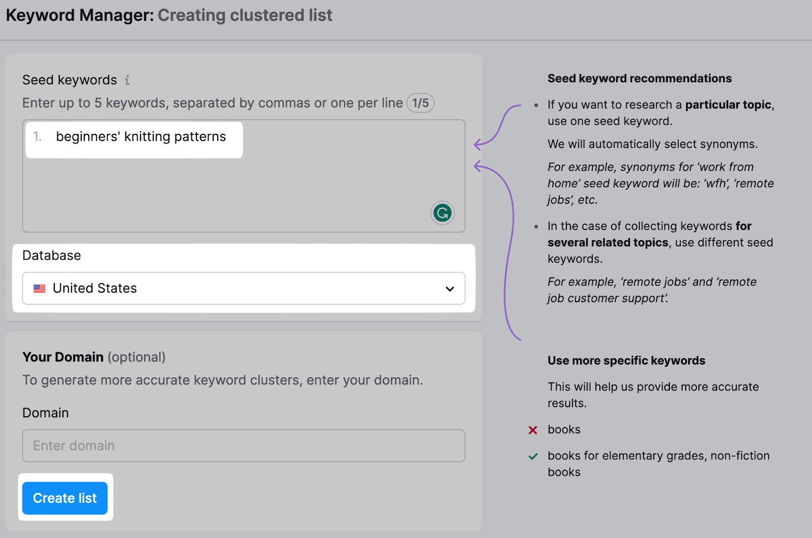 Steps in creating a clustered list in Keyword Manager