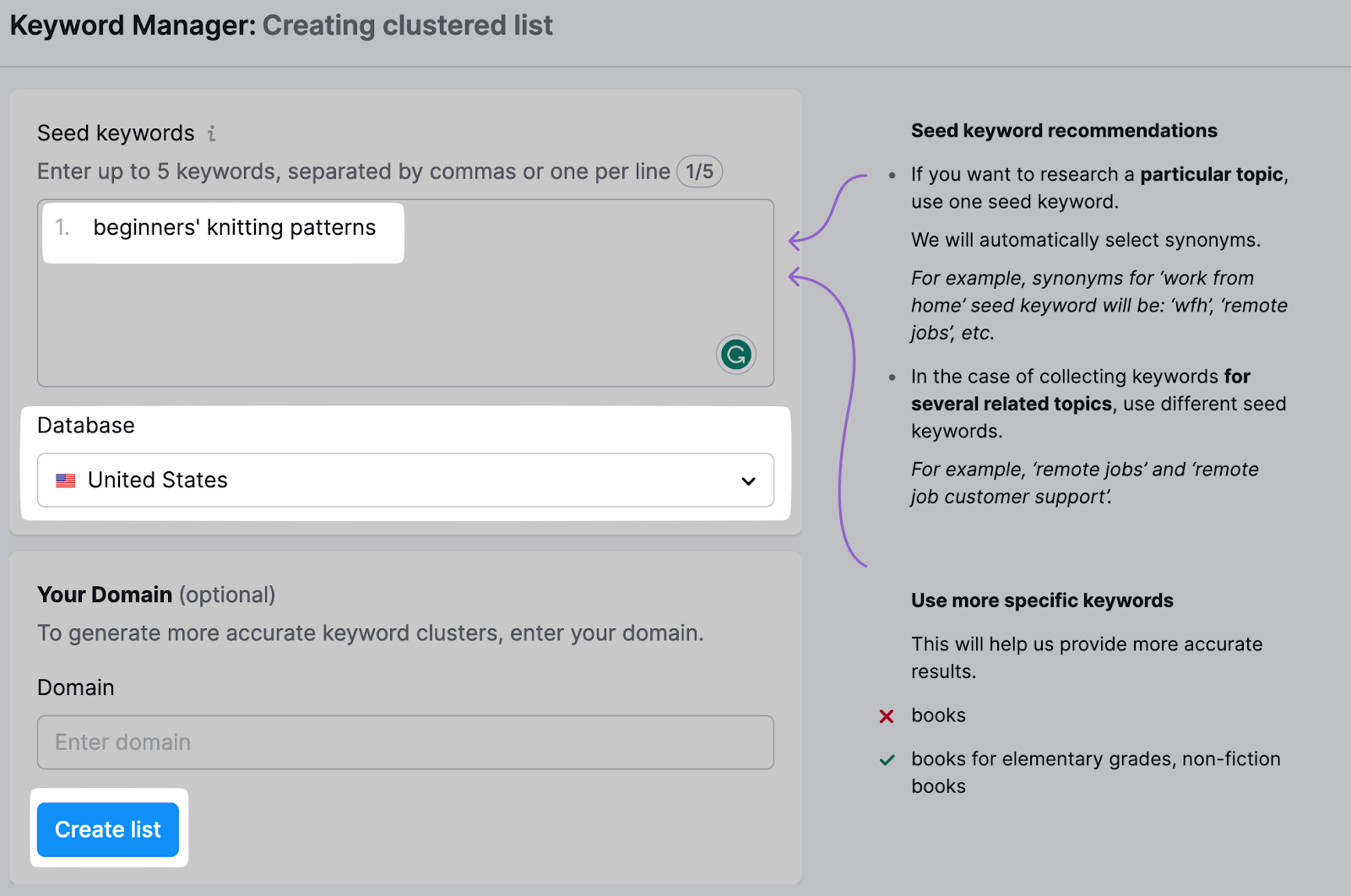 Steps in creating a c،ered list in Keyword Manager