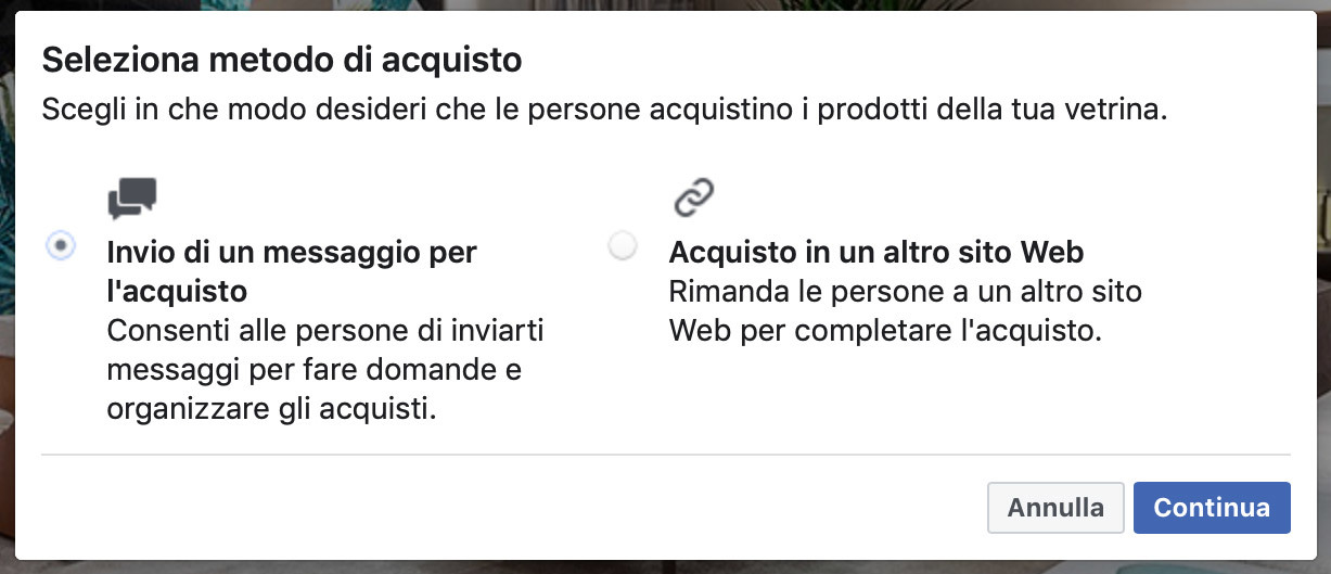 Seleziona metodo d'acquisto vetrina Facebook