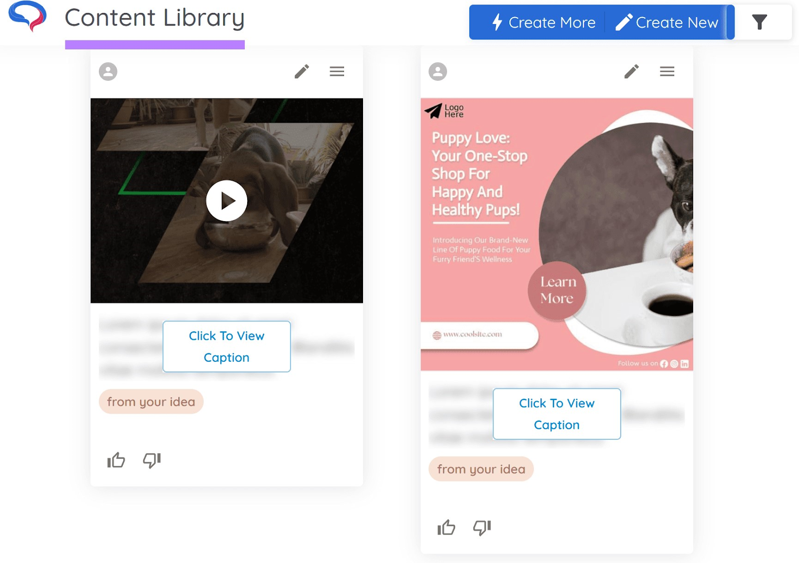 Two posts: video (left) and image (right) generated by AI Social Content Generator