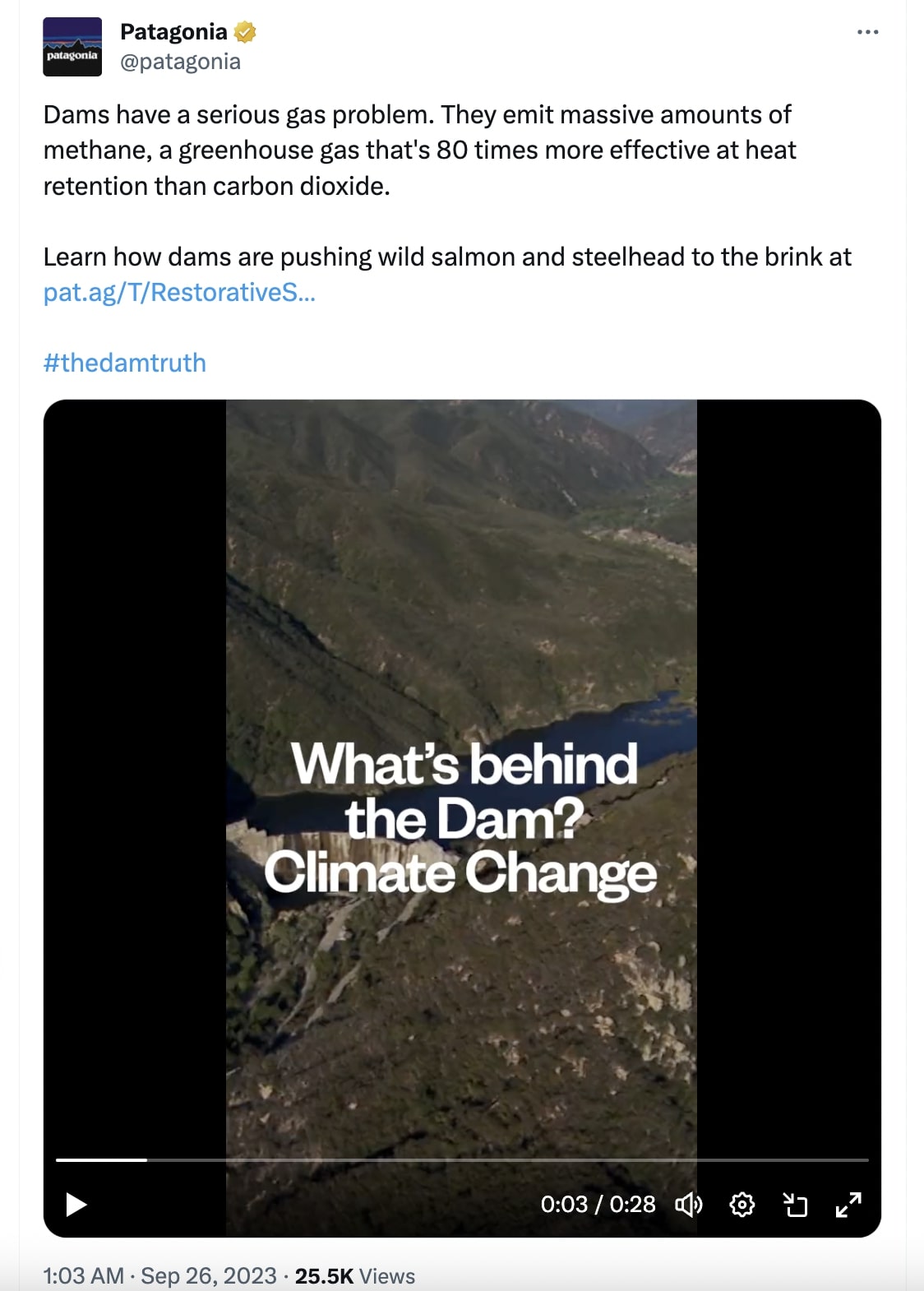Patagonia's post on X about the effect of dams on greenhouse gas emissions