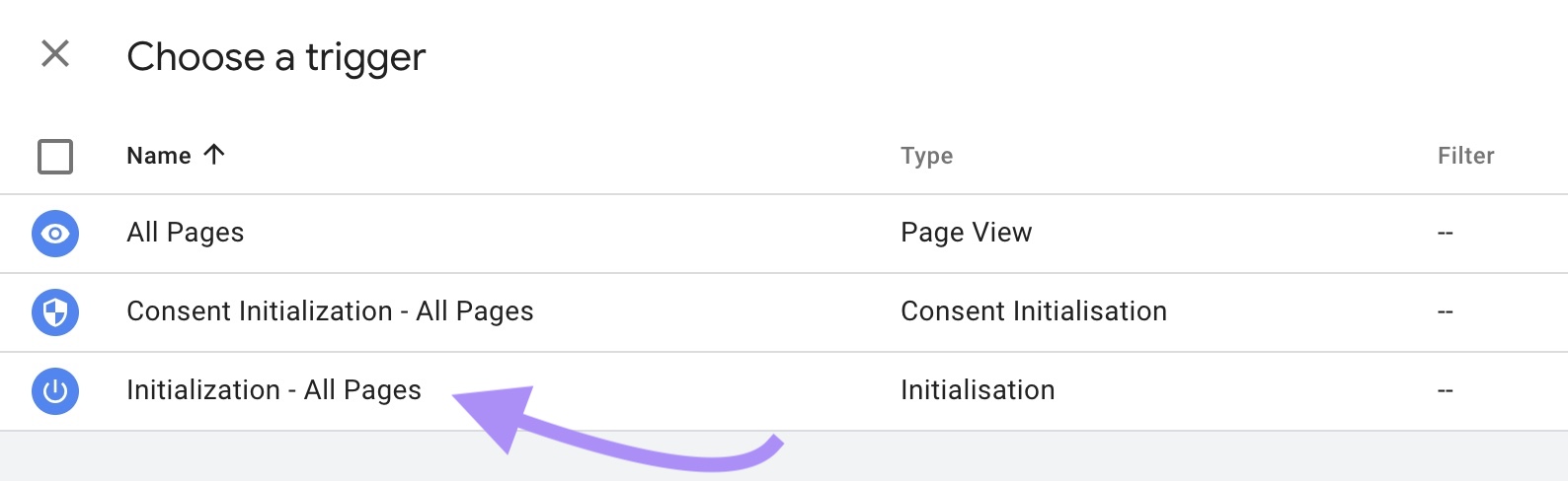 “Initialization - All Pages” enactment    selected nether  "Choose a trigger" window