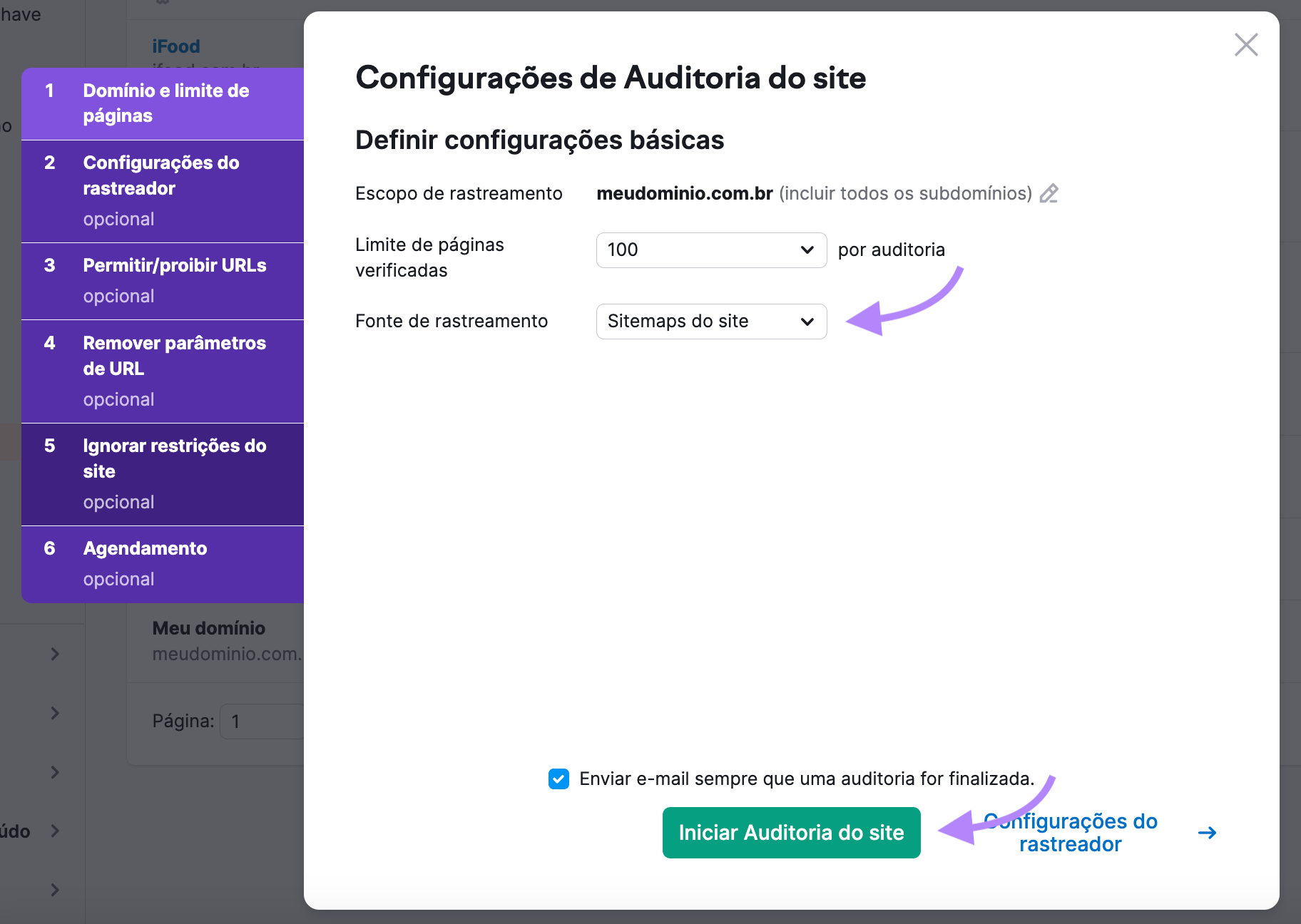 definindo a origem do rastreamento e iniciando a auditoria do site