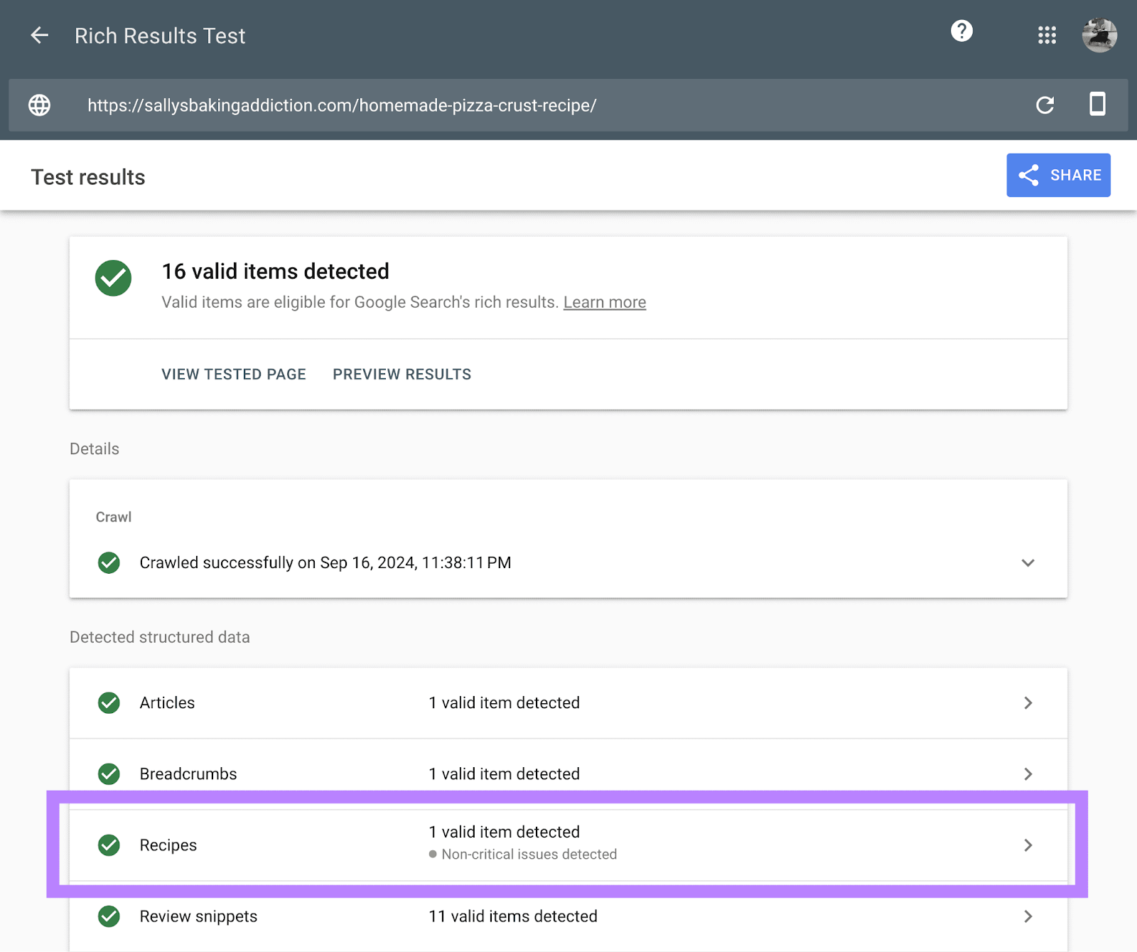 Example trial  results showing 16 valid items detected for the URL with structured information  detected for "recipes"