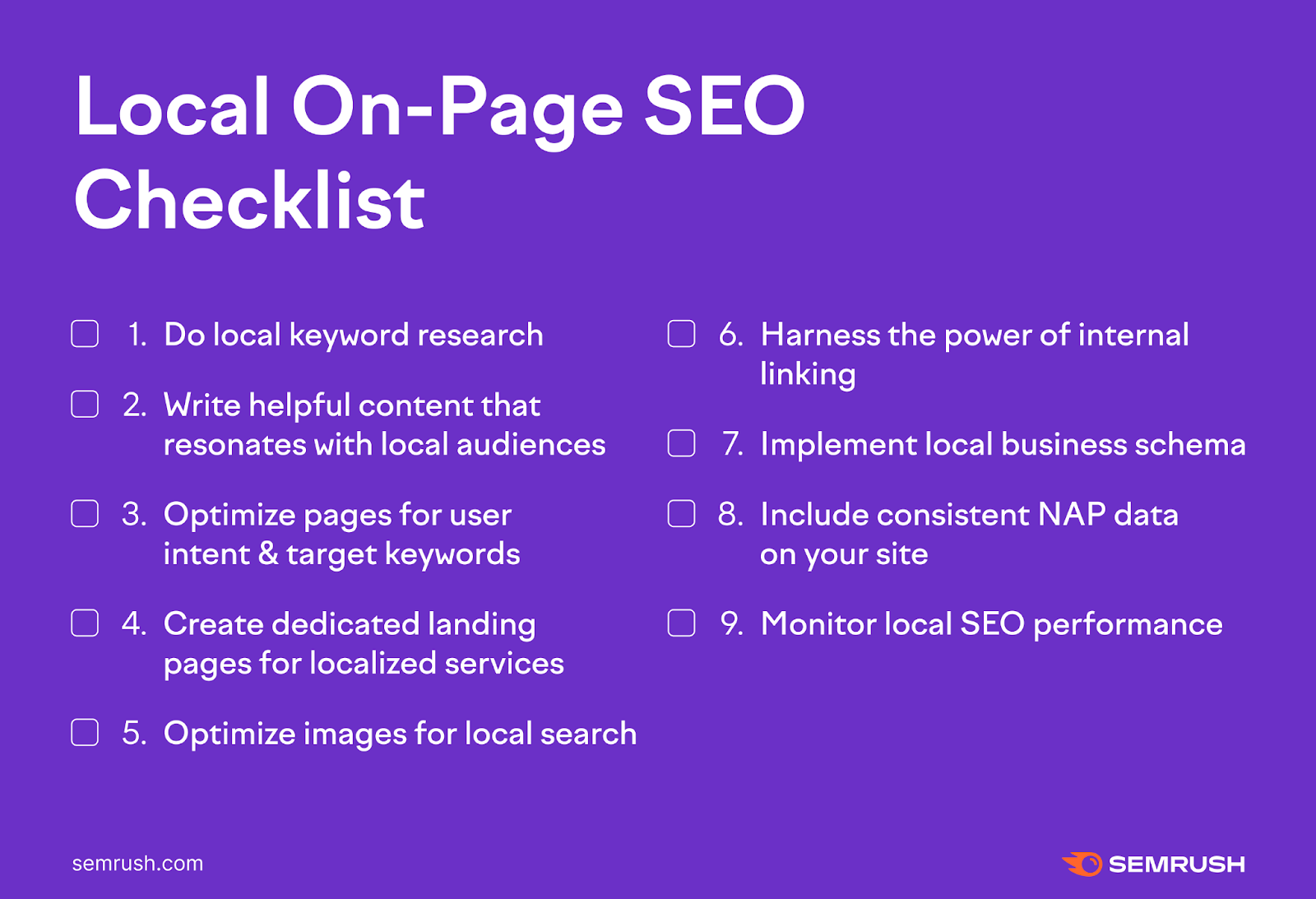 local on-page SEO checklist with 9 top tips that reflect this article's table of contents