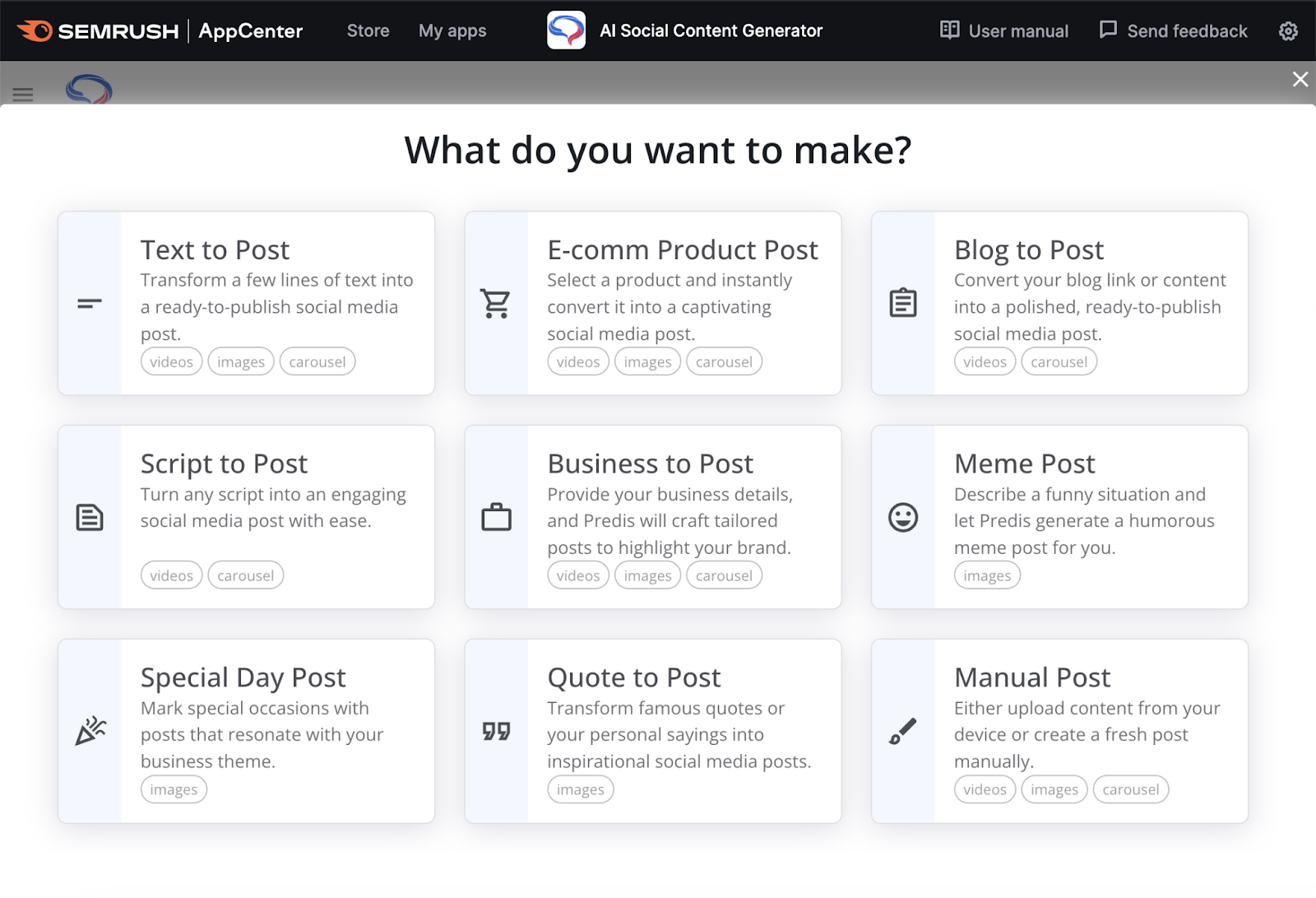 AI social content generator tool format options such as text to post, quote to post, meme post, and blog to post.