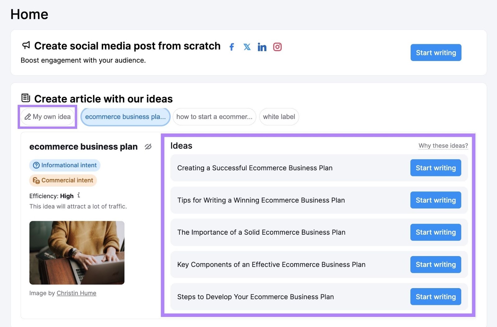 Ideas generated connected  ContentShake AI for "ecommerce concern  plan" with the 5 ideas and the "My ain  idea" fastener  highlighted.