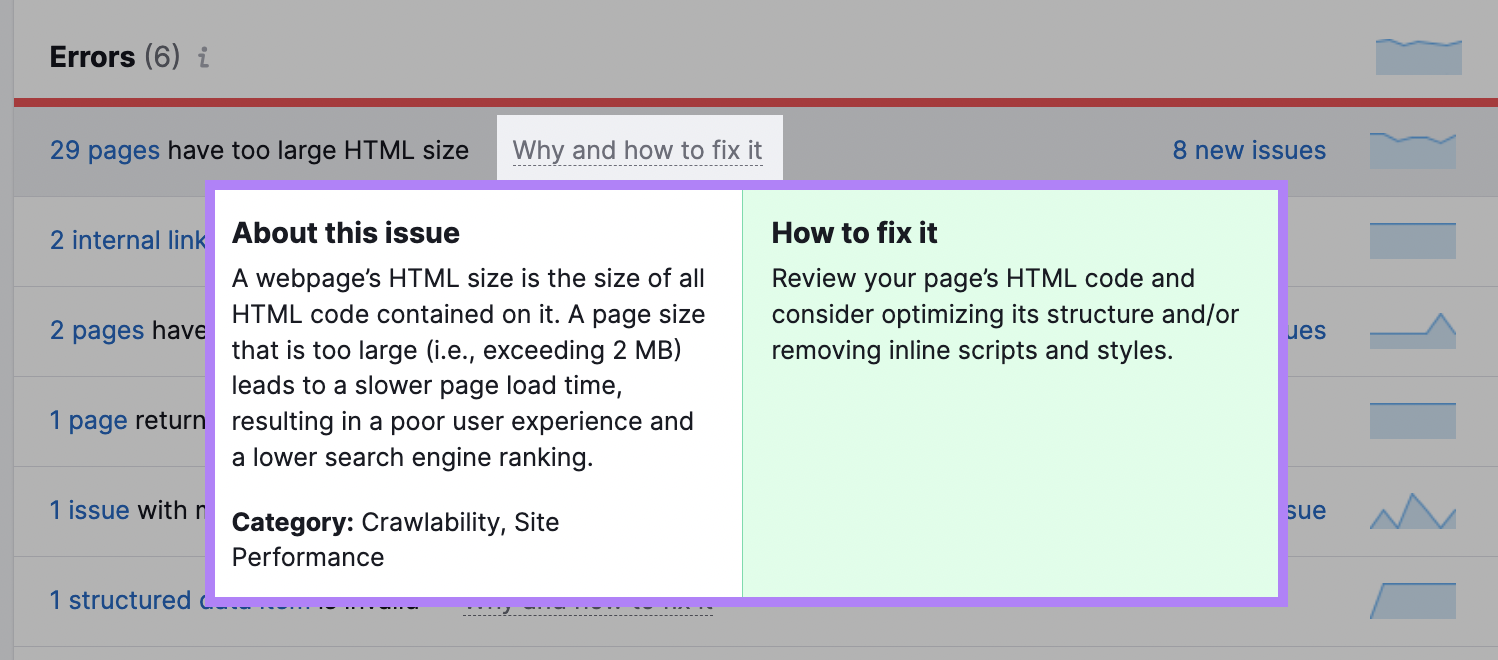 An example of "Why and how to fix it" section in Site Audit