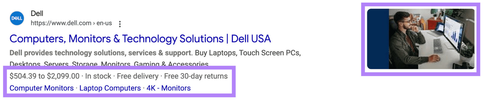 Dell search result with price, product availability, delivery status, return information, and sitelinks