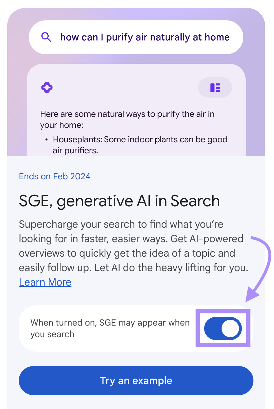 “SGE, generative AI in Search” card