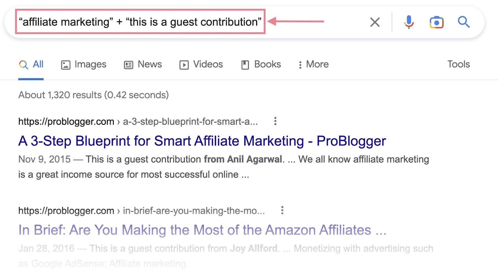 Google search for "affiliate marketing” + “this is a guest contribution"