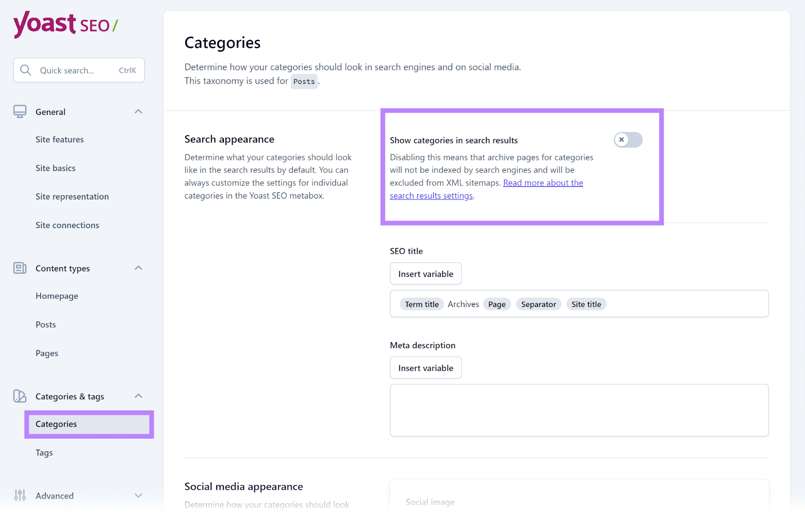 “Categories” page in Yoast, with the “Show categories in search results” option highlighted
