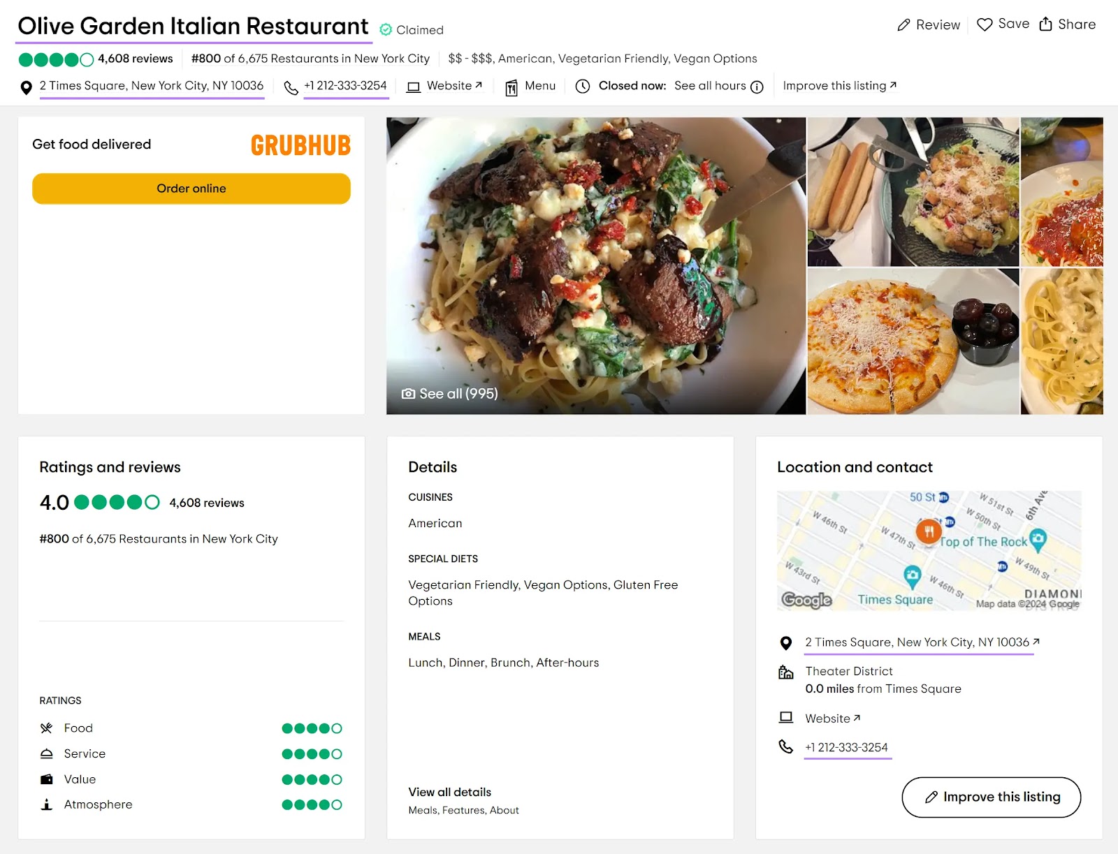 "Olive Garden Italian Restaurant" listing on Tripadvisor, with the NAP underlined.