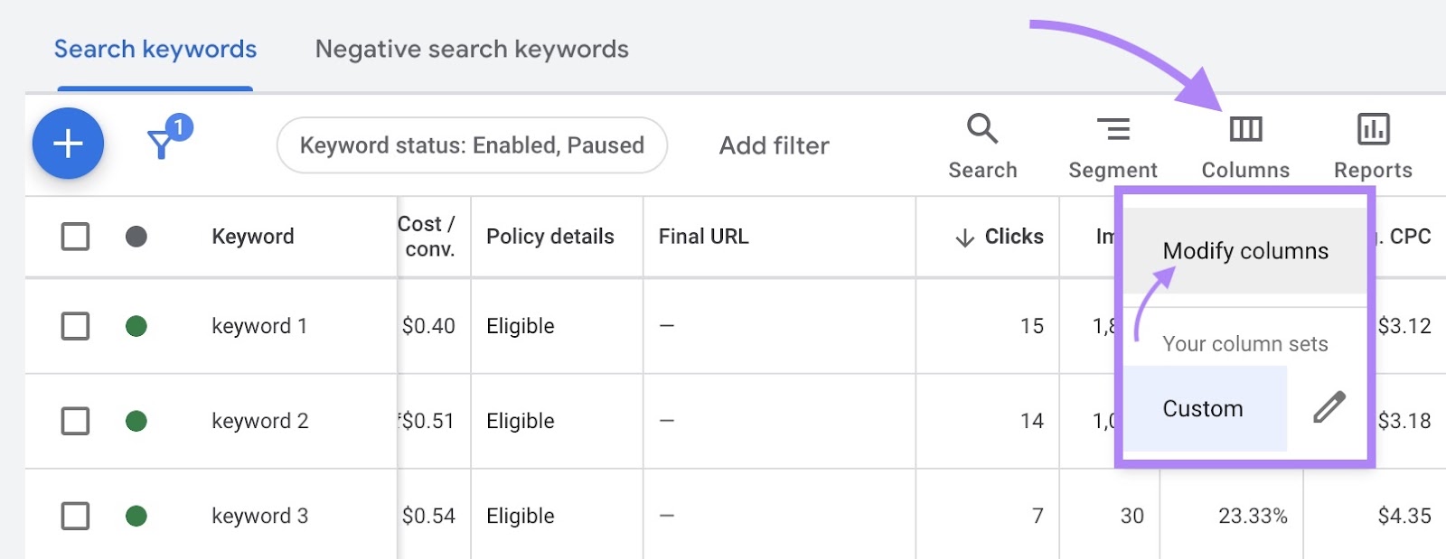 Click "Columns" and select "Modify columns" from the drop-down on Google Ads.