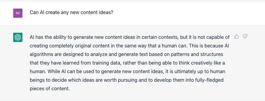 A prompt asking ChatGPT if AI can create any new content ideas with ChatGPT's answer