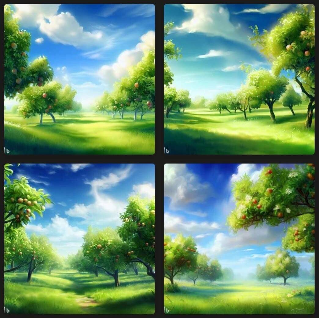 Bing Image Creator results for “an apple orchard, summer, blue sky, photorealistic”
