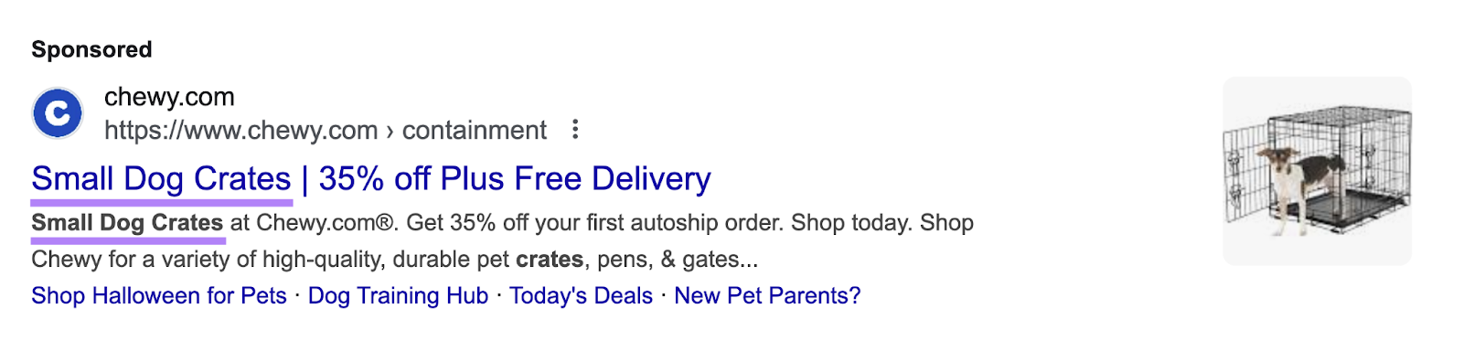 sponsored ad for search says "small dog crates 35% off plus free delivery" with the description "small dog crates at chewy.com"