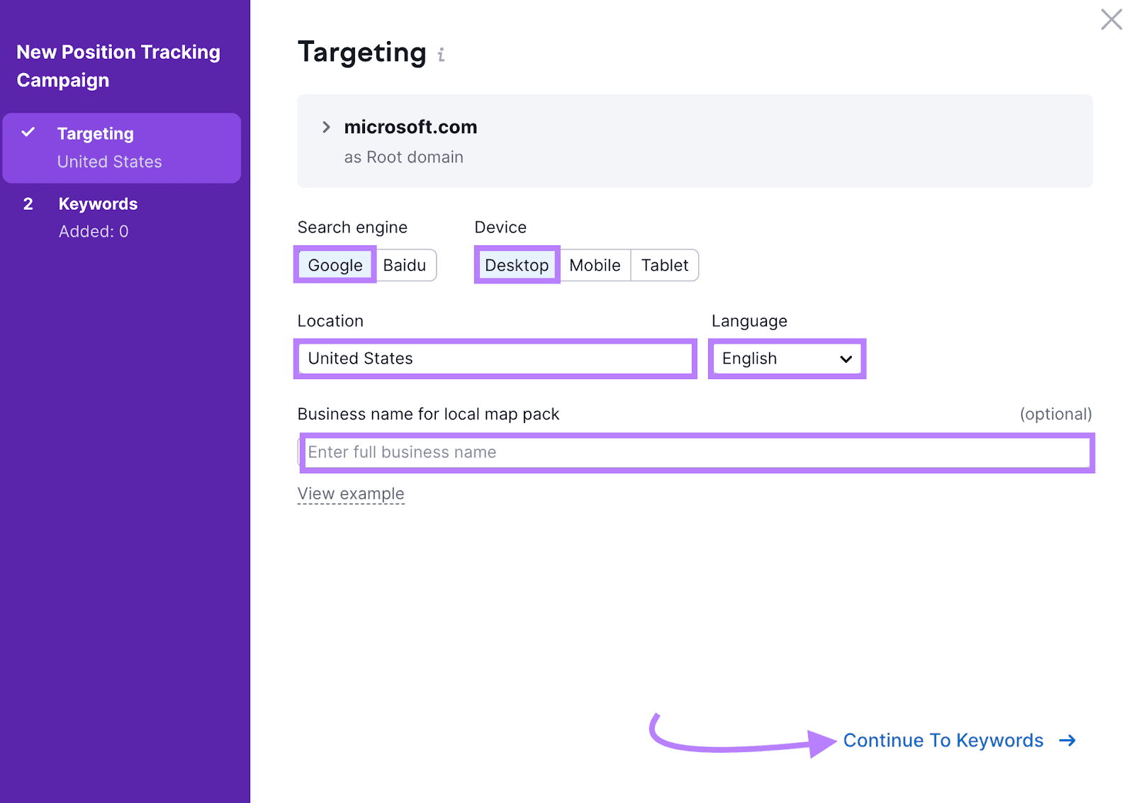 "Targeting" window in New Position Tracking Campaign settings